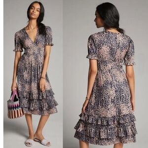Hutch Anthropologie Adelia Ruffled Midi Dress Size Large Leopard Print Tiers EUC